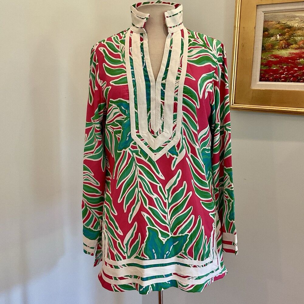 Southern Frock Pink Green White Palm Leaf Print Tunic Top Size L Long‎ Sleeve